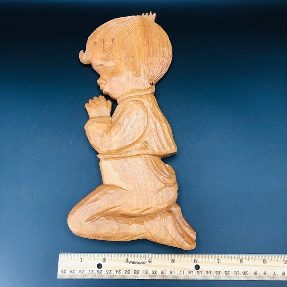70s Hand Carved Wood Wall Plaque Praying Boy Vintage Gerard Lamonde Wall Hanging - Picture 8 of 10